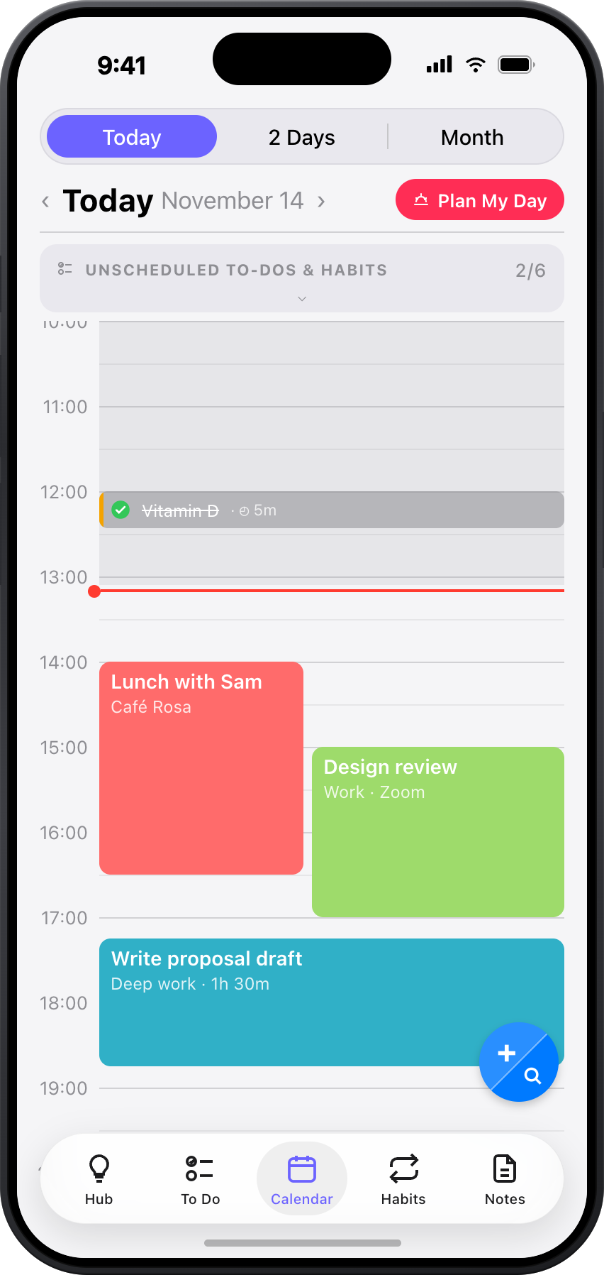 ToBlock calendar for today with tasks and events side by side